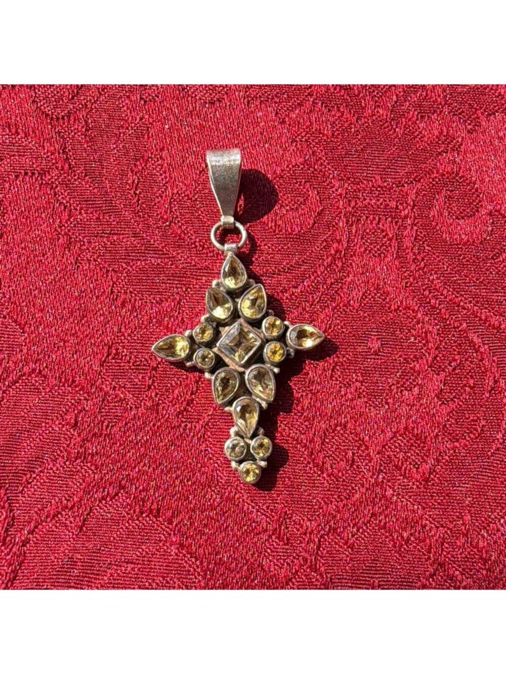 Vintage 925 Sterling Silver Citrine Cross Pendant Multi Stone Cluster Necklace